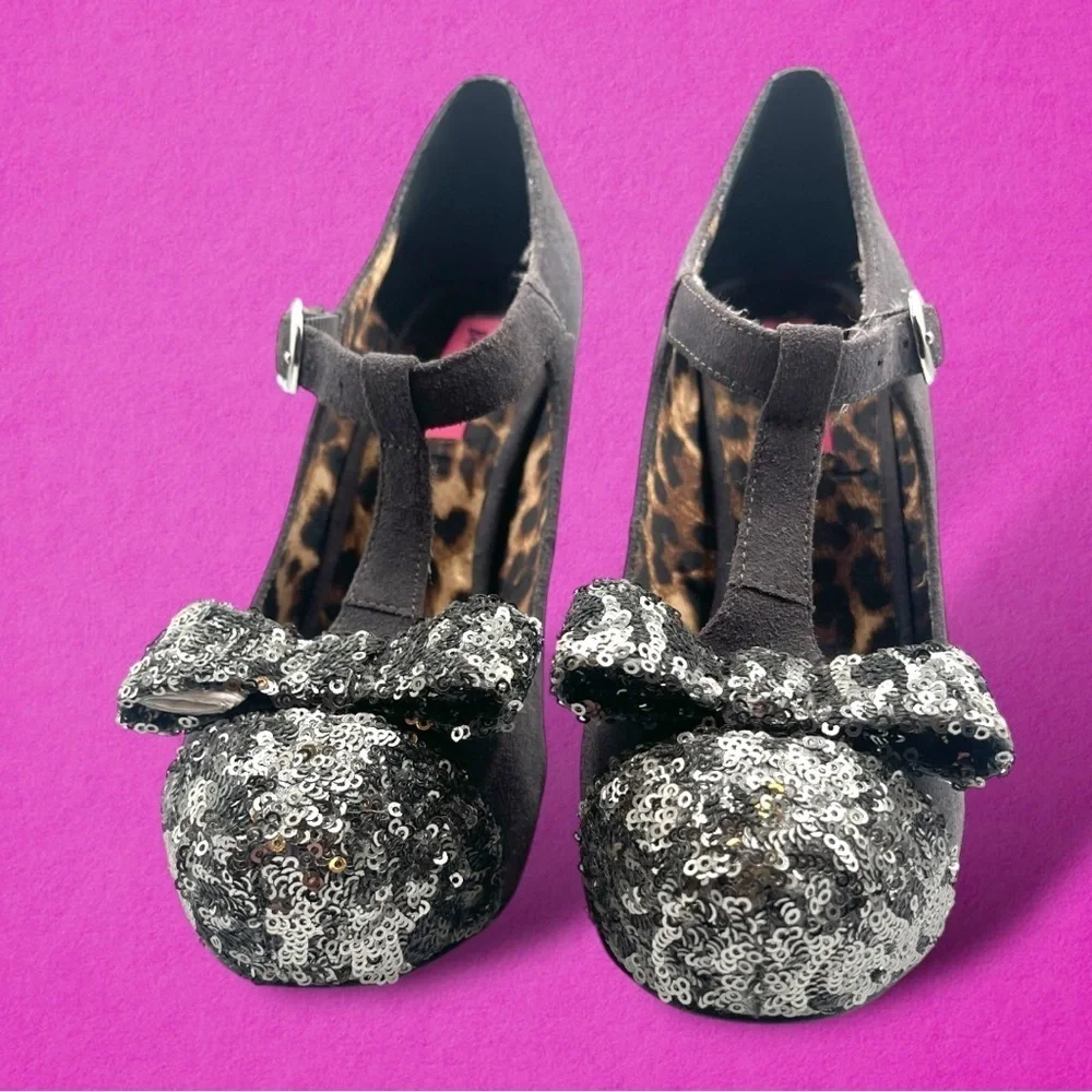 Betsey Johnson Gray Poppie Mary Jane Heels with Silver Sequin Bow